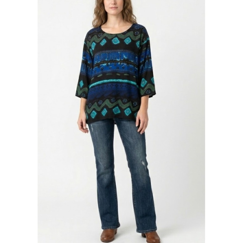 Vintage‎ Jane Ashley Blue Multi Boho Print Soft Flowy Rayon Oversized Top Medium